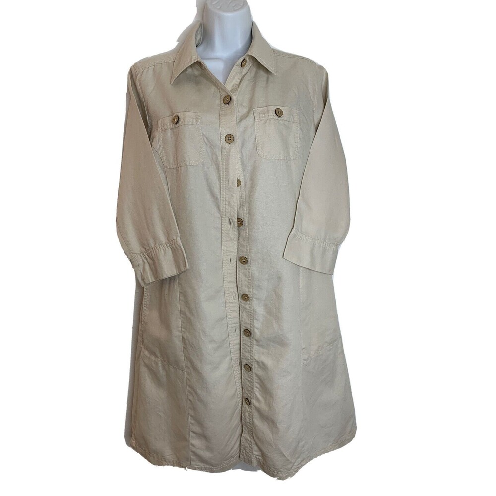 Chico's Linen Belted Beige Jacket Tunic Button sz 1 M Top Blouse (09
